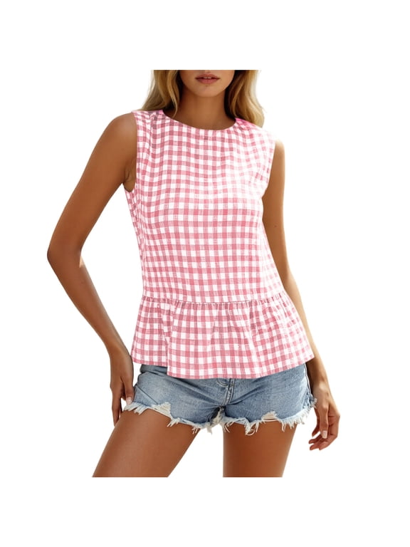 Tank Tops for Women Plaid Print Sleeveless Peplum Hem Tie Front Round Neck Loose Shirts Lightweight Cute Daily Versatile Blouses Pink XXL