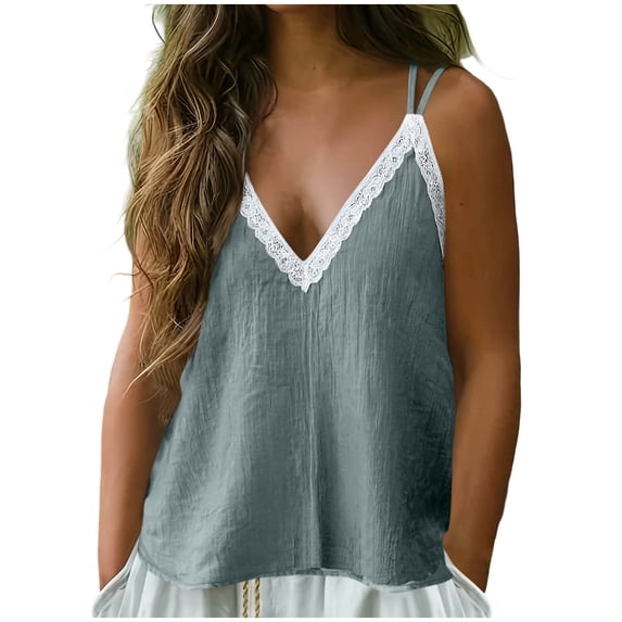 Ecqkame Tank Tops for Women V Neck Lace Trim Adjustable Spaghetti Strap Cami Top Solid Casual Sleeveless Summer Blouse Gray S