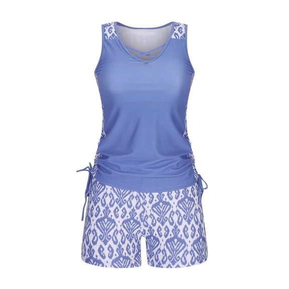 Ecqkame Tankini Bathing Suits for Women High Waisted Swimsuits Womens Two Piece Swimear Tankini Top with Shorts Blue L