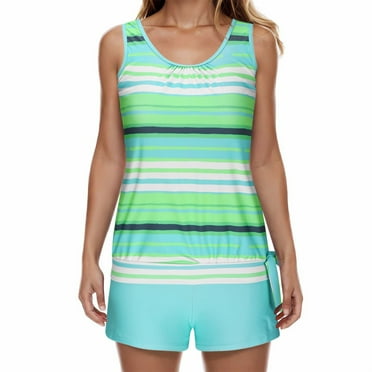Ecqkame Tankini Bathing Suits for Women High Waisted Swimsuits Womens Two Piece Swimear Tankini Top with Shorts Mint Green L on Clearance