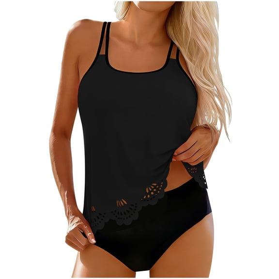 Ecqkame Tankini Swimsuit for Women Tummy Control Two Piece Bathing Suits Sleeveless Swim Tops and Boy Shorts Swimwear Set Black XL