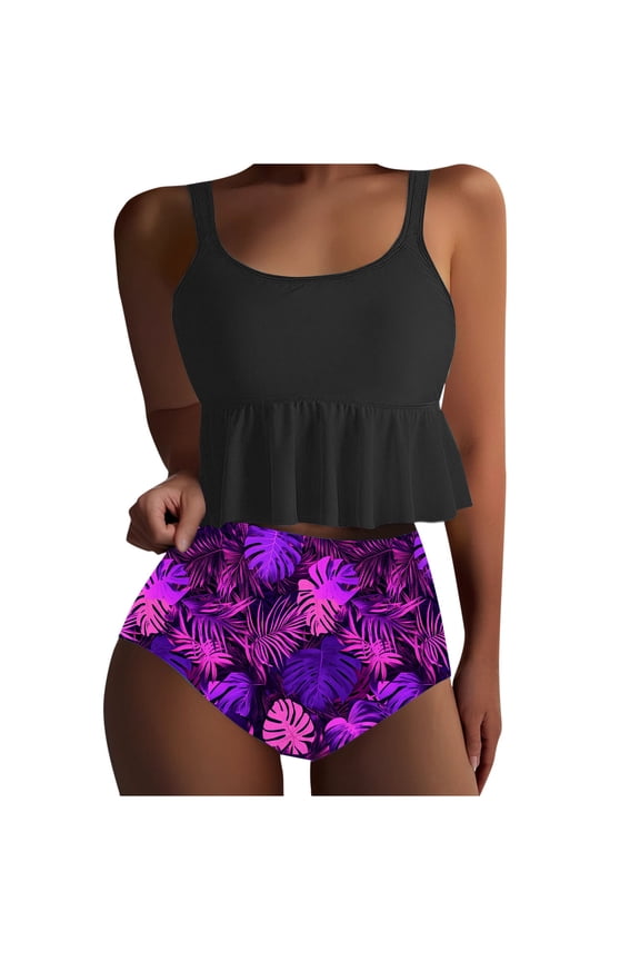 Tankini Swimsuits for Women Ruffle Vintage Printed Conservative Two Piece Bathing Suits Tummy Control Tops and Briefs Beach Swimwear Purple S