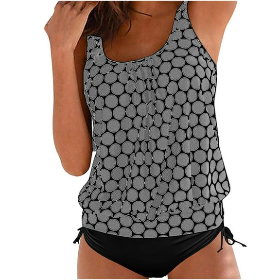 Ecqkame Tankini Swimsuits for Women Two Piece High Waisted Bathing Suits Plus Size Tummy Control Swimwear 02-Gray XXXL