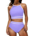 thumbnail image 1 of Ecqkame Tankini Swimsuits for Women Two Piece Tummy Control Bathing Suits Cutout Back Swim Tank Top with High Waisted Purple S, 1 of 7