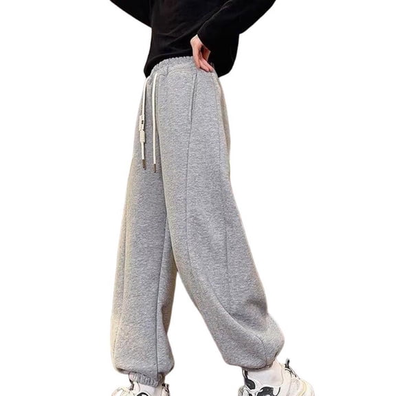 Ecqkame Teens Girls Wide Leg Sweatpants High Waisted Baggy Joggers Drawstring Trousers Solid Color Versatile Casual Sports Pant 1-15 Years Gray 14-15 Year