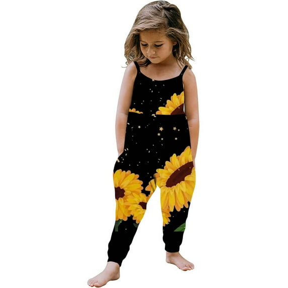 Ecqkame Toddler Baby Girl Casual Jumpsuit Sleeveless Playsuit Strap Romper Pant with Pockets Summer Print Outfit Clothes Black 1-2 Years