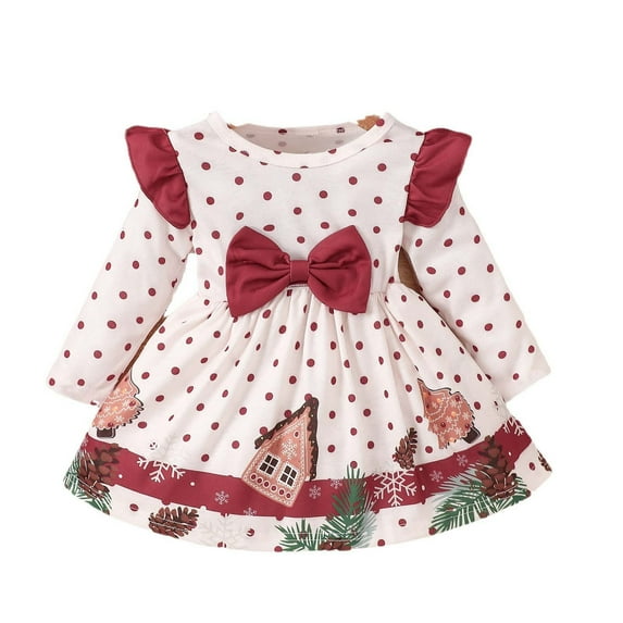 Ecqkame Toddler Girl Christmas Dress Infant Princess Print Long Sleeve Crew Neck Bowknot Dress B-White 9 Months
