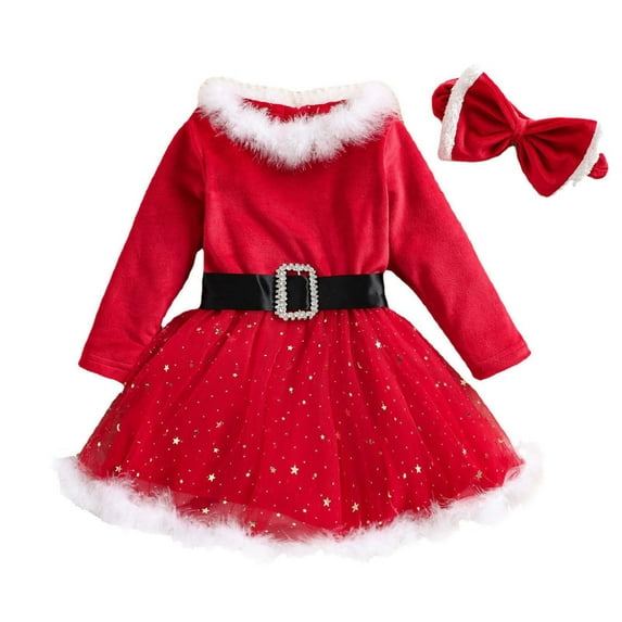 Ecqkame Toddler Girl Christmas Santa Claus Dress Princess Tulle Shiny Long Sleeve Crew Neck Dress and Bowknot Headband Set B-Red 18 Months