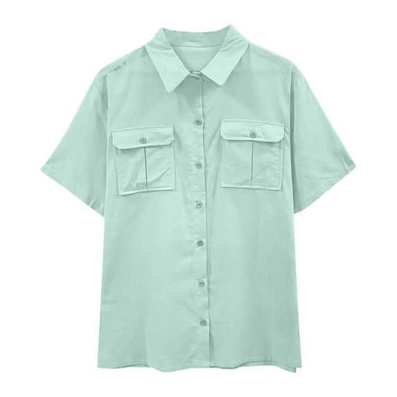 Ecqkame Tops for Men Summer Solid Color Short Sleeve Loose Shirts Turndown Collar Casual Trendy Button Blouse with 2 Pockets Green XXXXL