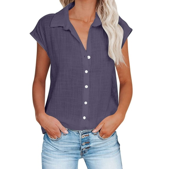 Ecqkame Tops for Women Summer Solid Color Short Sleeve Tunic Shirts Turndown Collar Casual Trendy Button Blouse Dark Purple L