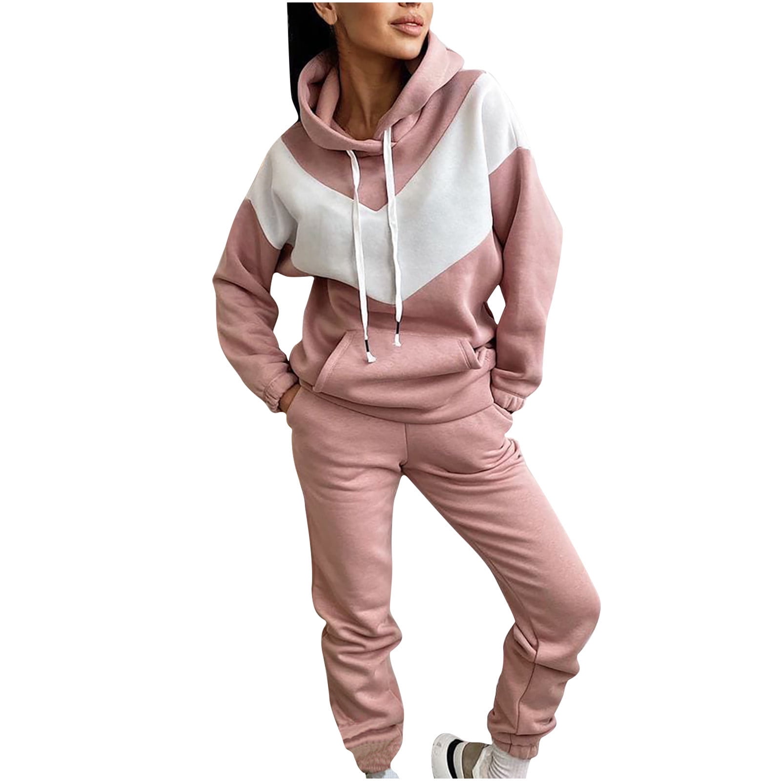 Ecqkame Tracksuits Women Sporting Gyms Set Casual Outfit Clearance Ladies  Fashion Slim Sports Long Sleeve Two-piece Color Block Sweatshirt Set Pink XL