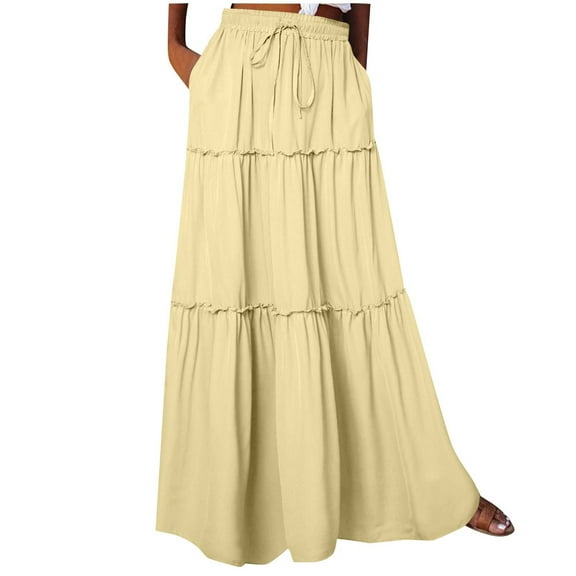 Ecqkame Trendy Long Skirts for Women Summer Fashion Boho Tiered Maxi Skirt A-Line Elastic High Waist Skirt with Pockets 02-Yellow S