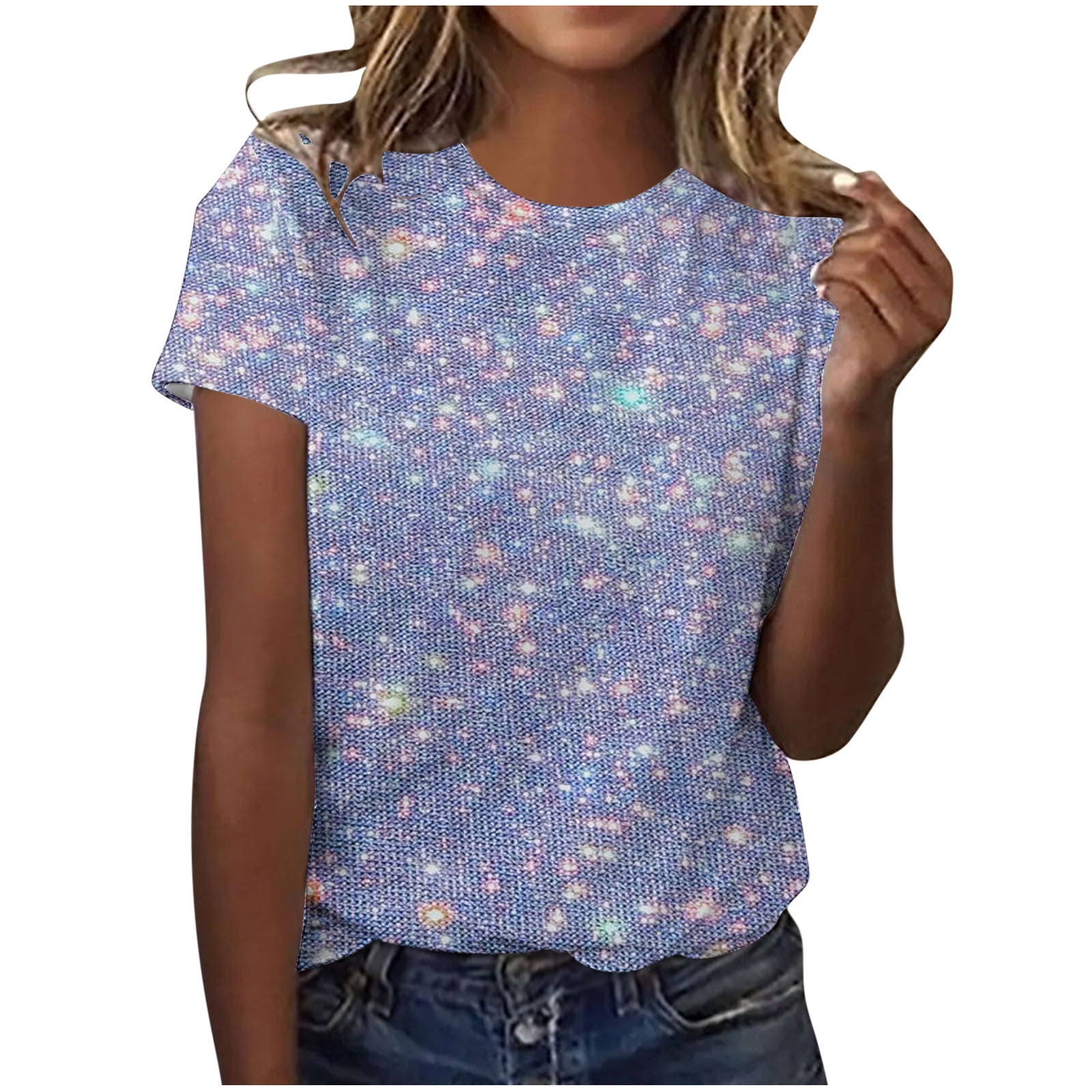 Ecqkame Trendy Sequin Print Tops for Women Crew Neck Short Sleeve T ...