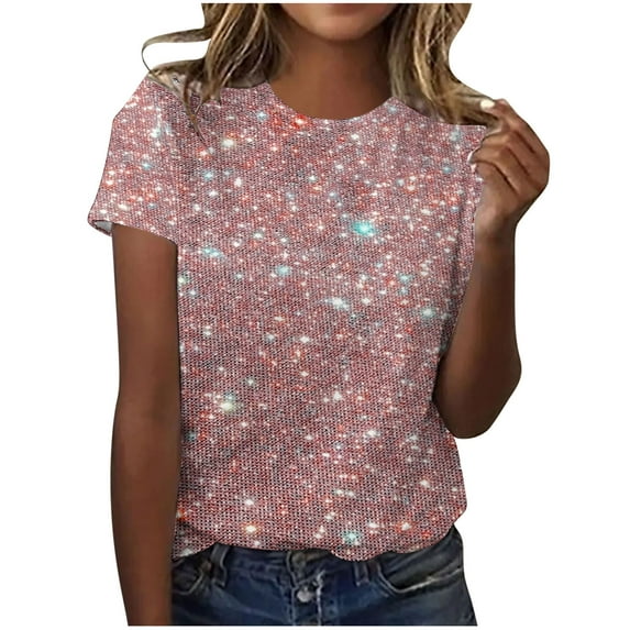 Ecqkame Trendy Sequin Print Tops for Women Crew Neck Short Sleeve T-Shirts Casual Loose Blouses Pink B XL