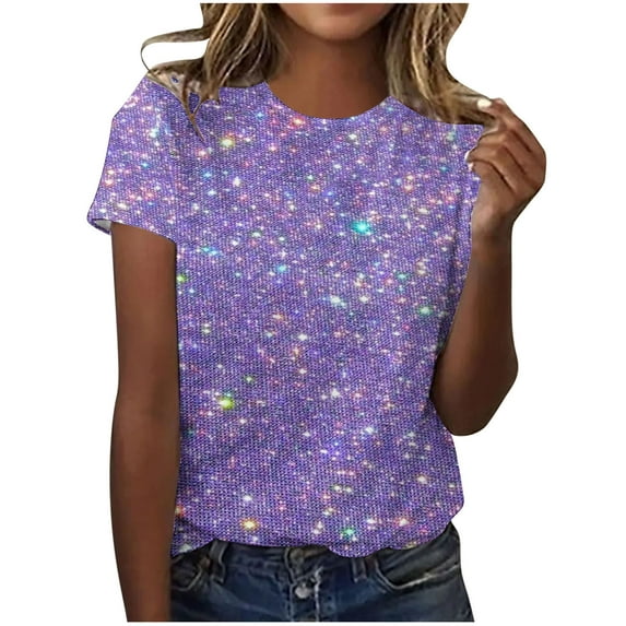 Ecqkame Trendy Sequin Print Tops for Women Crew Neck Short Sleeve T-Shirts Casual Loose Blouses Purple B S