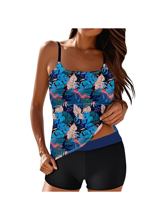 Two Piece Bathing Suit for Women Fashion Print Loose Tankini Set Lightweight Flowy Slip Swimsuit with Boy Shorts 02-Blue-A XXL