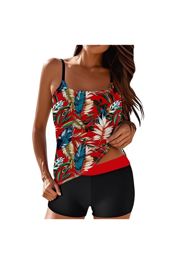 Two Piece Bathing Suit for Women Fashion Print Loose Tankini Set Lightweight Flowy Slip Swimsuit with Boy Shorts 02-Brown-A XXL