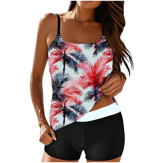Ecqkame Two Piece Bathing Suit for Women Fashion Print Loose Tankini Set Lightweight Flowy Slip Swimsuit with Boy Shorts 02-White M
