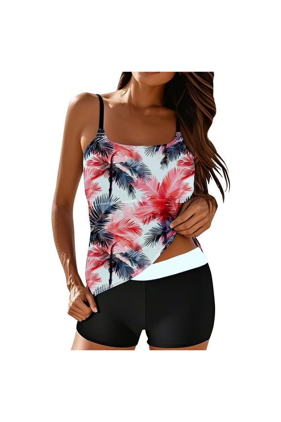 Two Piece Bathing Suit for Women Fashion Print Loose Tankini Set Lightweight Flowy Slip Swimsuit with Boy Shorts 02-White XL