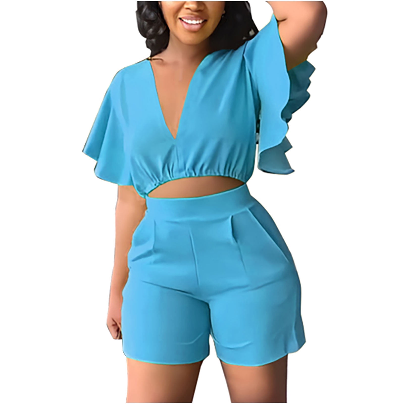 Ecqkame Two Piece Sets Womens Outfits Clearance Women's Ruffle Short Sleeve  V-Neck Top Casual Shorts Summer Plus Size Women Suits Orange L 