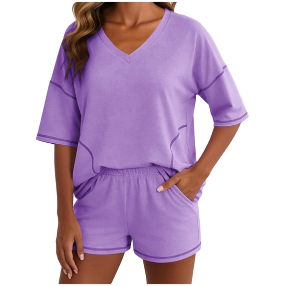 Ecqkame Two Piece Sets for Women Casual Solid Short Sleeve V Neck Top and Elastic Waist Pocket Shorts Vacation Daily Lounge Set Purple S