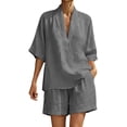 thumbnail image 1 of Ecqkame Two Piece Sets for Women Linen V Neck Short Sleeve Tops and Elastic Pockets Shorts Casual Summer Lightweight Vacation Outfit Set Gray S, 1 of 8
