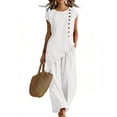 thumbnail image 1 of Ecqkame Two Piece Sets for Women Summer Casual Linen Short Sleeve Top and High Waist Pants Lightweight Daily Vacation Lounge Outfit Set White S, 1 of 6