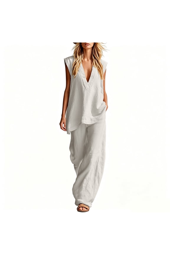 Two Piece Sets for Women Summer Casual Linen V-Neck Top and Wide Leg Pants Lightweight Vacation Solid Color Outfit Set White S