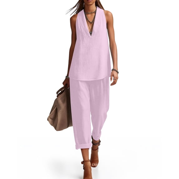 Ecqkame Two Piece Sets for Women Summer Casual V-Neck Tank Top and Wide Leg Pants Lightweight Vacation Solid Color Outfit Set Pink S