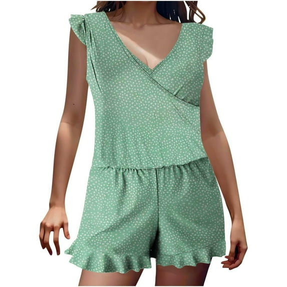 Ecqkame Two Piece Sets for Women Summer Loose Casual Solid Color Built-In Bra Ruffled Shorts Vacation Outfits Women Sets Green XXXL on Clearance