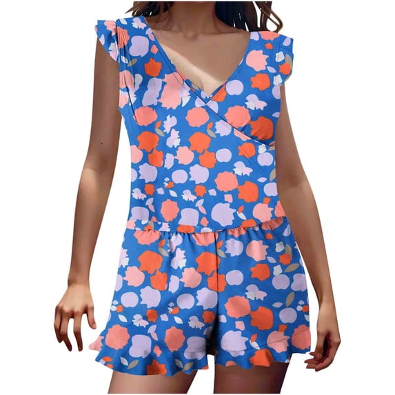 Ecqkame Two Piece Sets for Women Summer Loose Casual Solid Color Built-In Bra Ruffled Shorts Vacation Outfits for Women Blue B M on Clearance