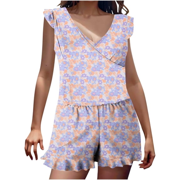 Ecqkame Two Piece Sets for Women Summer Loose Casual Solid Color Built-In Bra Ruffled Shorts Vacation Sets for Women Pink C XXXL on Clearance