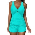 thumbnail image 1 of Ecqkame Two Piece Swimsuit for Women Sexy V Neck Tummy Control Bathing Suits Solid Color Vacation tankini Set Blue XL, 1 of 8