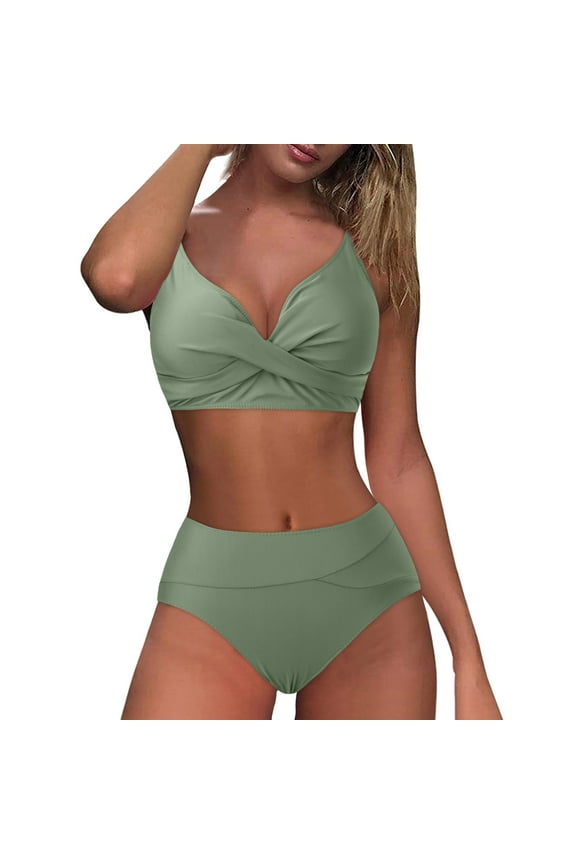 Two-piece Tummy Control Bikini Set for Women High-Waisted Wrapped Push Up Swimsuits Padded Crop Tops Bathing Suits Army Green XXL