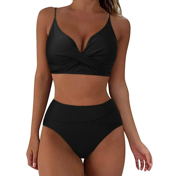 Ecqkame Two-piece Tummy Control Bikini Set for Women High-Waisted Wrapped Push Up Swimsuits Padded Crop Tops Bathing Suits Black L