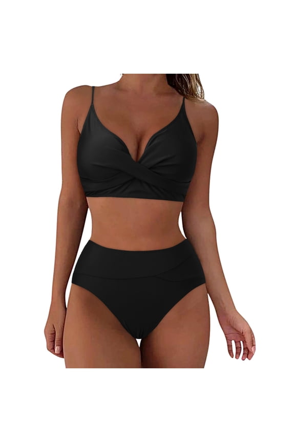 Two-piece Tummy Control Bikini Set for Women High-Waisted Wrapped Push Up Swimsuits Padded Crop Tops Bathing Suits Black L