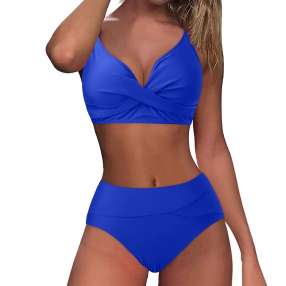Ecqkame Two-piece Tummy Control Bikini Set for Women High-Waisted Wrapped Push Up Swimsuits Padded Crop Tops Bathing Suits Blue L