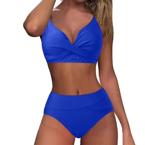 Ecqkame Two-piece Tummy Control Bikini Set for Women High-Waisted Wrapped Push Up Swimsuits Padded Crop Tops Bathing Suits Blue XXL