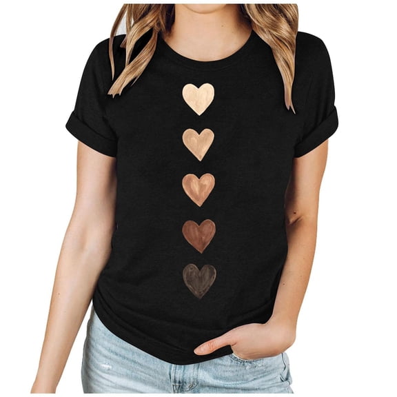 Ecqkame Valentine Day Shirts for Women Cute Romantic Lover Heart Tee Shirt Round Neck Short Sleeve Casual Tops Black XXXL