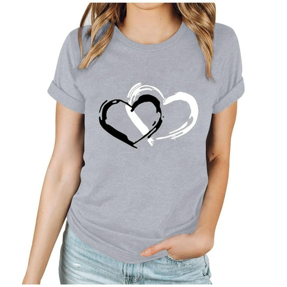 Ecqkame Valentine Day Shirts for Women Cute Romantic Lover Heart Tee Shirt Round Neck Short Sleeve Casual Tops Gray XXXL