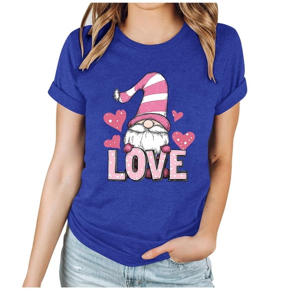 Ecqkame Valentine Day Shirts for Women Cute Romantic Lover Heart Tee Shirt Round Neck Short Sleeve Casual Tops Navy XXL