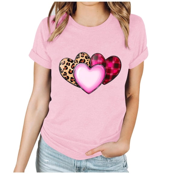 Ecqkame Valentine Day Shirts for Women Cute Romantic Lover Heart Tee Shirt Round Neck Short Sleeve Casual Tops Pink M