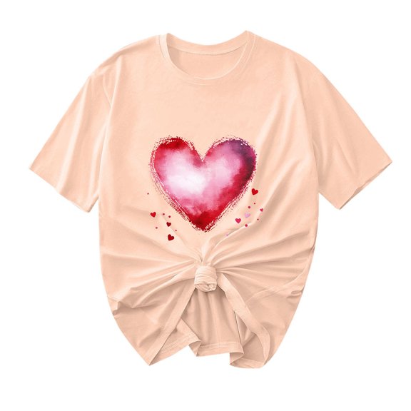 Ecqkame Valentine'S T Shirts for Women Casual Loose Cute Love Heart Graphic Tees Crew Neck Short Sleeve Tops Beige S
