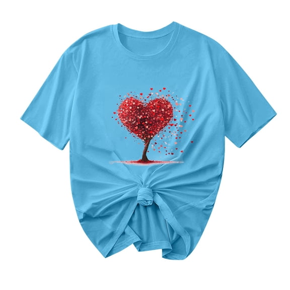 Ecqkame Valentine'S T Shirts for Women Casual Loose Cute Love Heart Graphic Tees Crew Neck Short Sleeve Tops Blue L