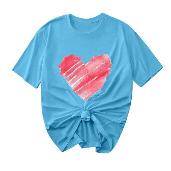 Ecqkame Valentine'S T Shirts for Women Casual Loose Cute Love Heart Graphic Tees Crew Neck Short Sleeve Tops Blue M