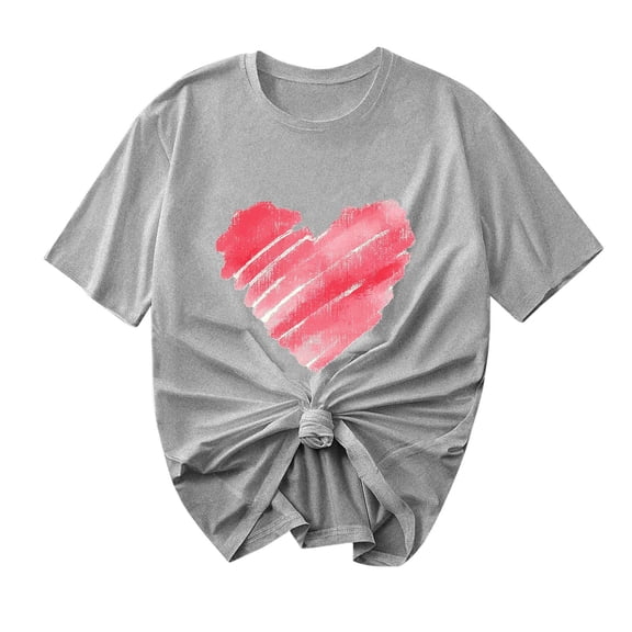Ecqkame Valentine'S T Shirts for Women Casual Loose Cute Love Heart Graphic Tees Crew Neck Short Sleeve Tops Gray L