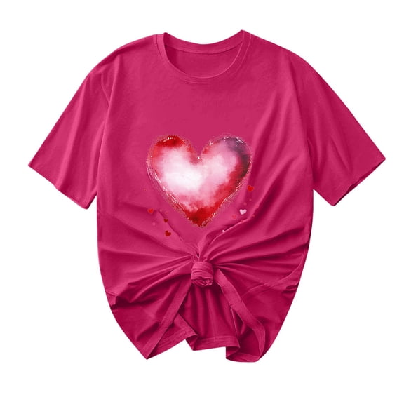 Ecqkame Valentine'S T Shirts for Women Casual Loose Cute Love Heart Graphic Tees Crew Neck Short Sleeve Tops Hot Pink S