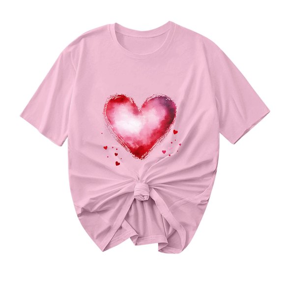 Ecqkame Valentine'S T Shirts for Women Casual Loose Cute Love Heart Graphic Tees Crew Neck Short Sleeve Tops Pink S