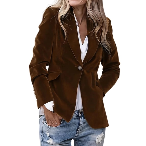 Ecqkame Velvet Blazer Jacket for Women Winter Long Sleeve Button Down Suit Coats Casual Office Business Outerwear Coffee L