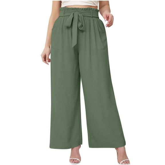 Ecqkame Wide Leg Pants for Women Business Casual Elastic High Waisted Pants Stretch Breathable Lightweight Vacation Ankle Pants with Pockets 02-Green 02-02-Green